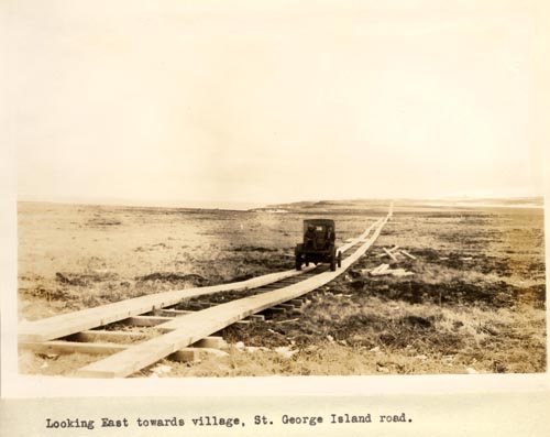 Photo of old car driving on a plank road.